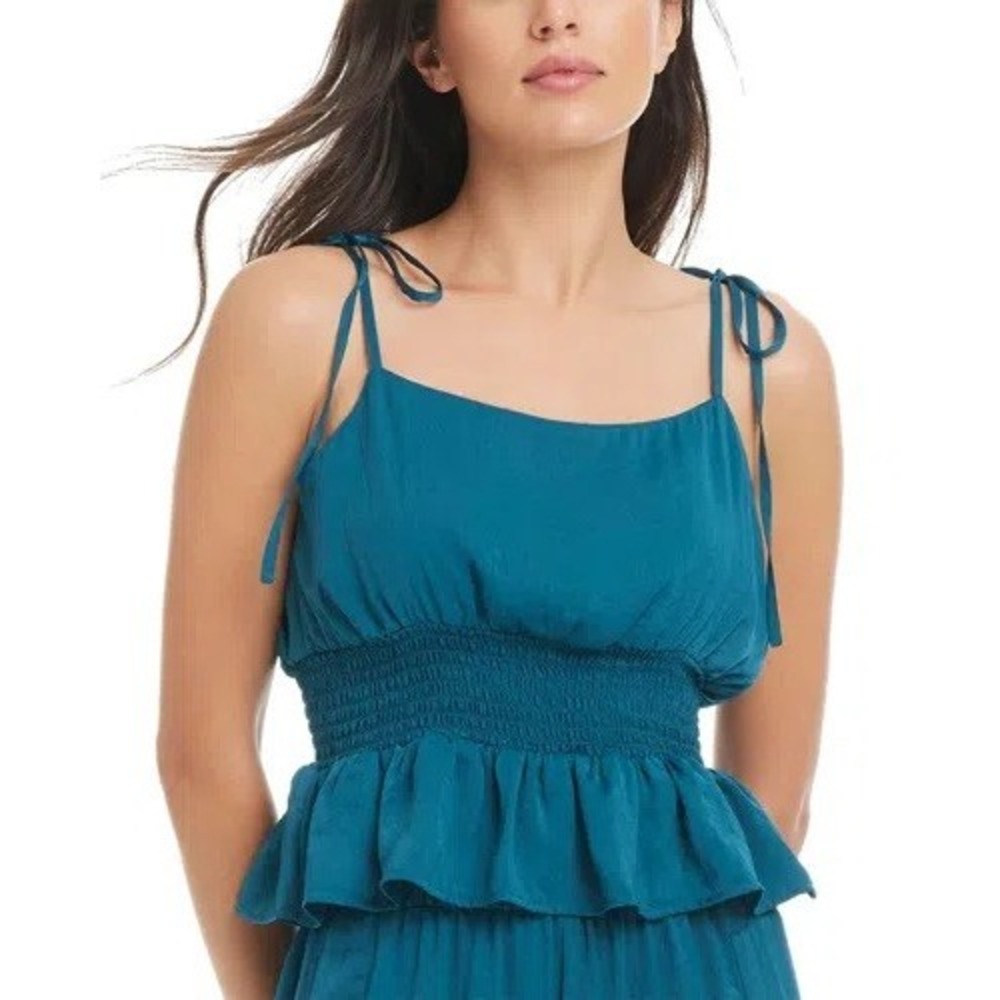 NWT Red Carter Peplum Camisole Women Blue Indigo Dye Smocked Tie Shoulder L $98